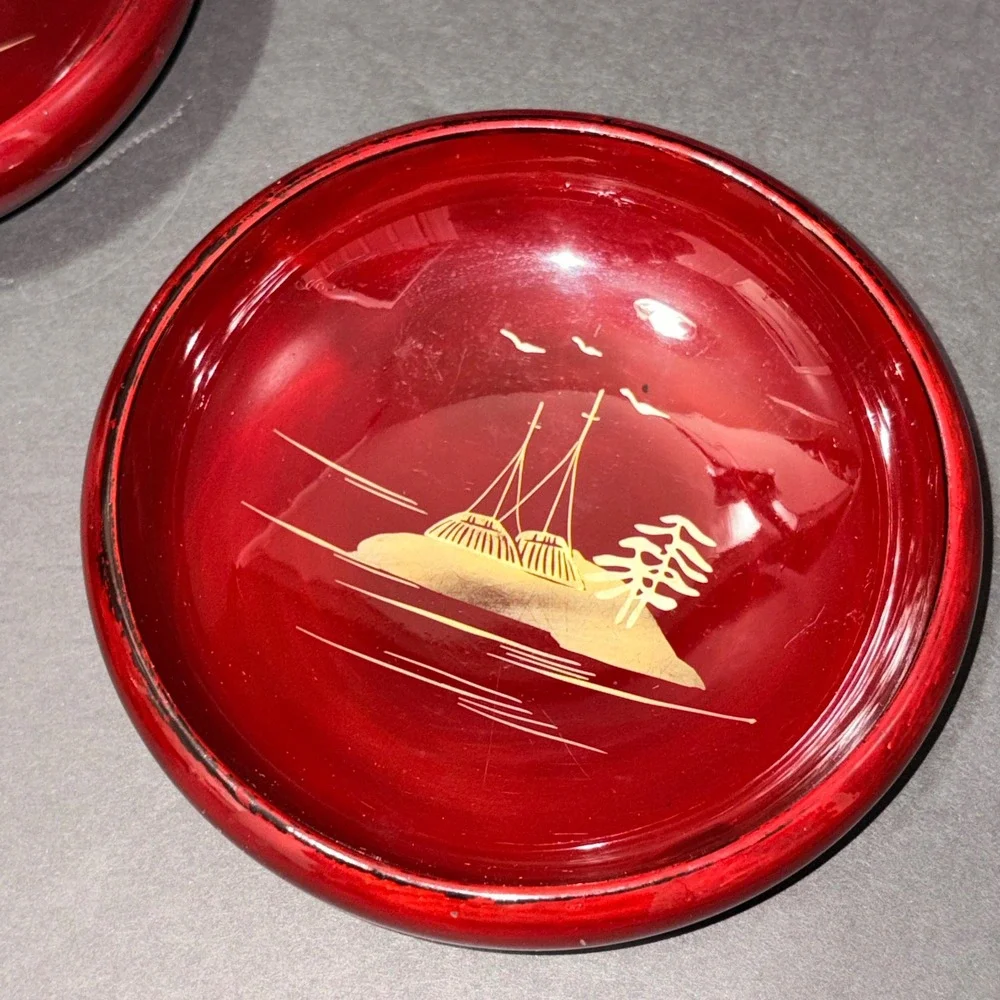 3 Vtg Japanese Lacquerware Salad Bowls Cinnabar Red Gold Chinoiserie Landscape